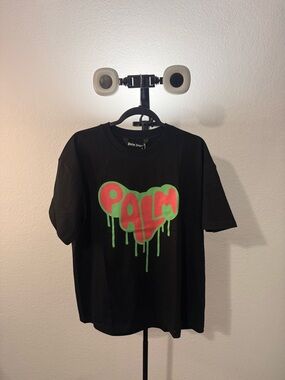 Palm Angels Black Tee with Red & Green Drip Heart Logo
